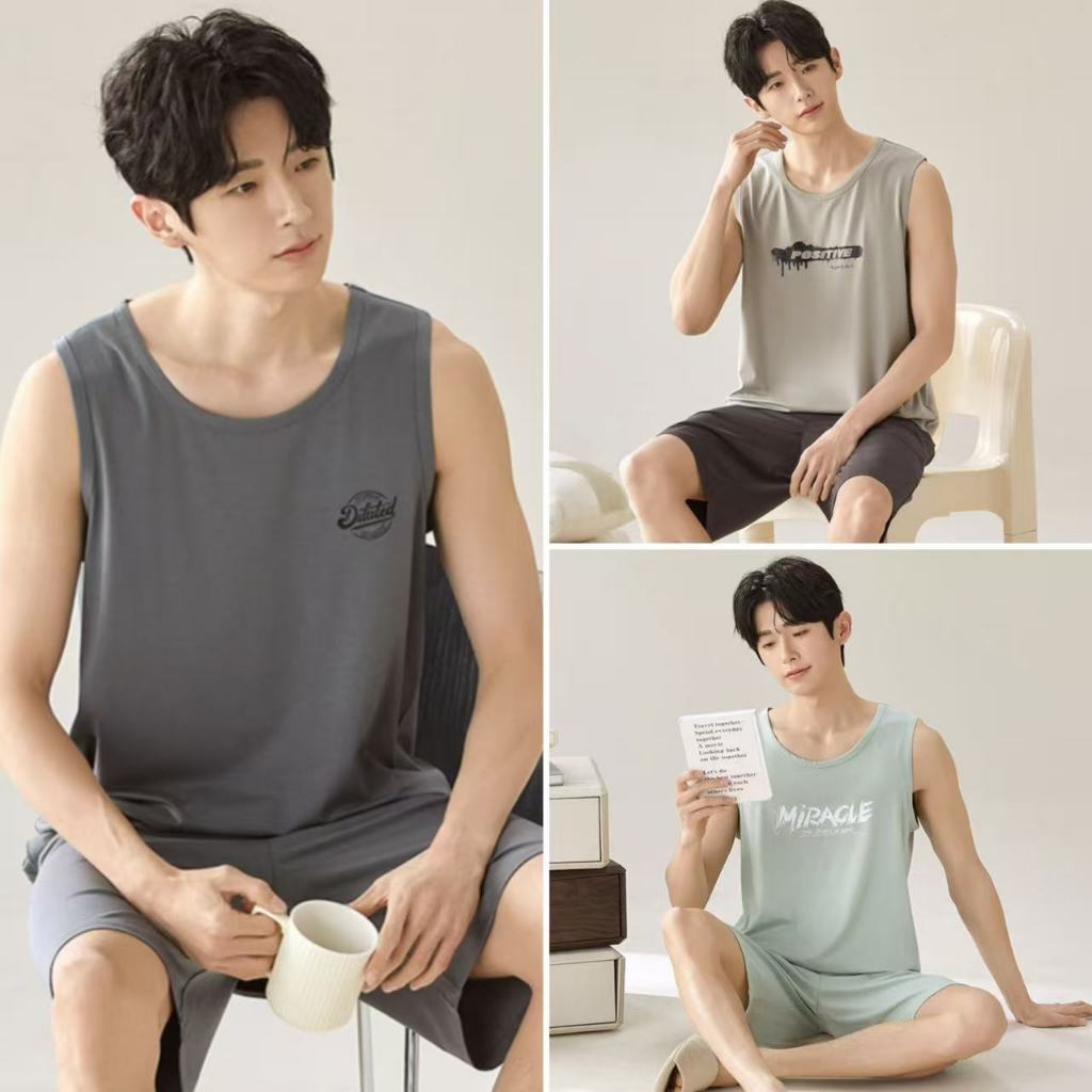 ชุดนอนผู้ชายฤดูร้อน,เสื้อผ้าผู้ชาย,ผ้าเย็นสบาย,เสื้อกล้ามแขนกุด+กางเกงขาสั้น,หลากหลายรูปแบบให้เลือก