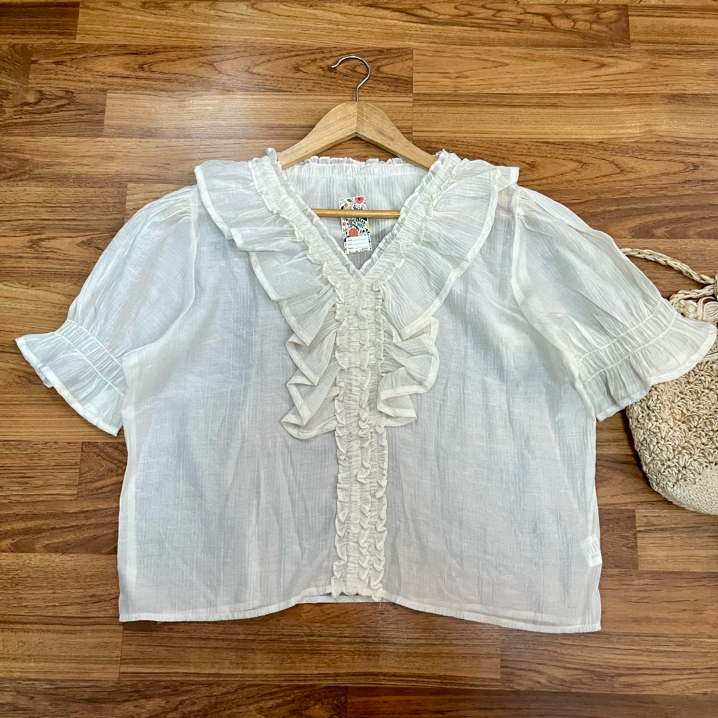 เสื้อแฟชั่น แขนสั้น แต่งคอระบาย อกหน้าผ้า44“ ยาว21” (K56)