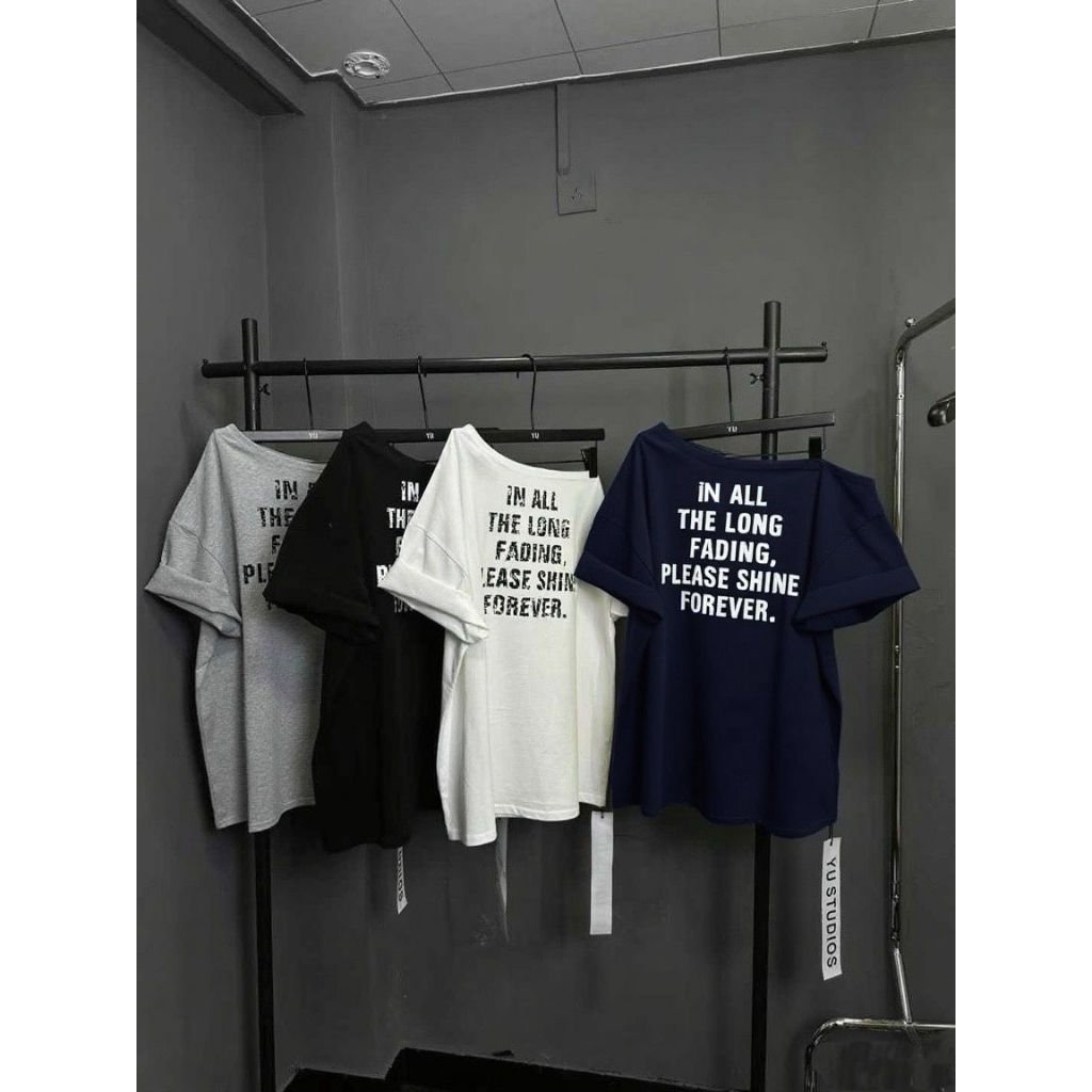 เสื้อยืดวินเทจเปิดไหล่ พิมพ์ลายอักษร เสื้อโอเวอร์ไซต์สกําลังฮิตใหม่ล่าสุด สกีนลาย คอกว้าง สายเกาหลี สาวแซ่บสไตล์ แขนสั้น