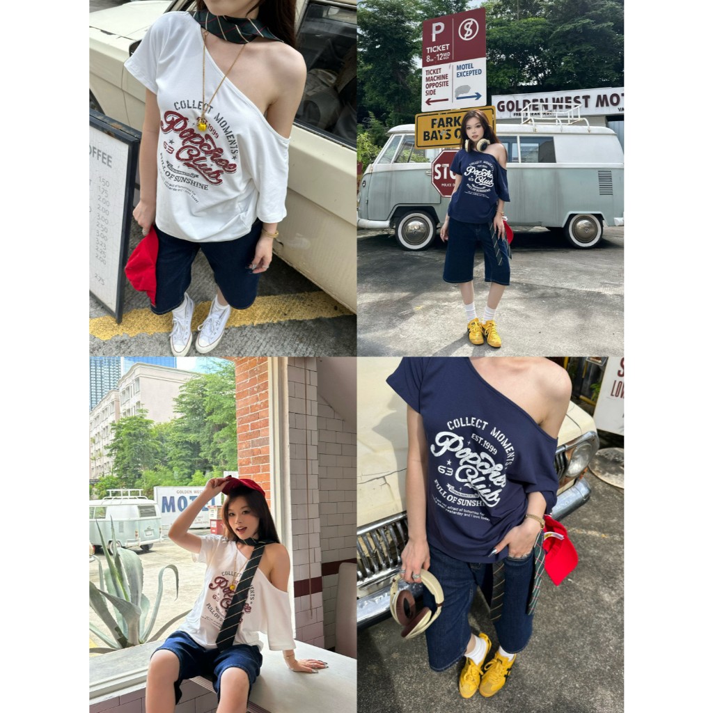 เสื้อปาดไหล่ เสื้อยืดผู้หญิง ทรงหลวม เข้ากับทุกสไตล์ได้ พิมพ์ลาย แฟชั่น เกาหลี เสื้อยืดวินเทจ สกีนลาย มินิมอล คอกว้างXXL