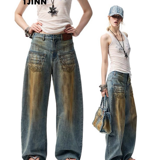 1JINN STUDIO Distressed washed low waist scimitar jeans mud dyed wide leg design ยีนส์สีฟอกเอวต่ำเก๋