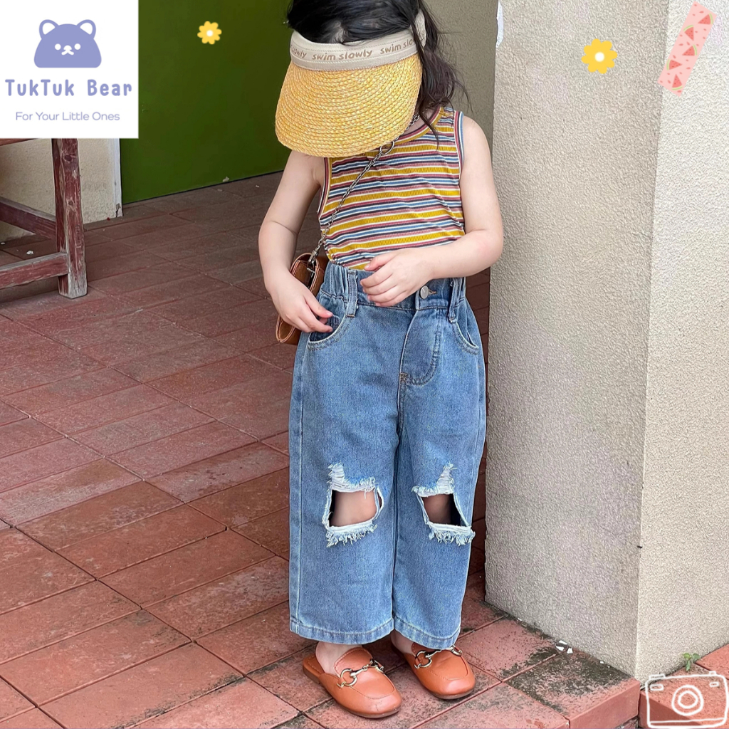 กางเกงยีนส์เด็กลายขาดสไตล์เกาหลี ขากว้าง มีกระเป๋า ใส่ได้ทั้งเด็กชาย-หญิง