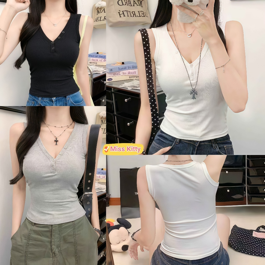 พร้อมส่ง เสื้อยืดผู้หญิง เสื้อยืด คอวี เข้ารูป สไตล์เกาหลี มีฟองน้ำ ใส่สบาย"FY960"🎀Miss Kitty❤️