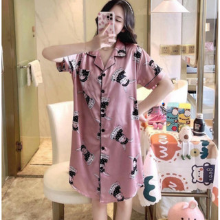 มาใหม่💗ชุดนอนกระโปรง💗ชุดนอนเดรสยาว ผ้าซาตินแขนสั้นคอปก ผ้านุ…