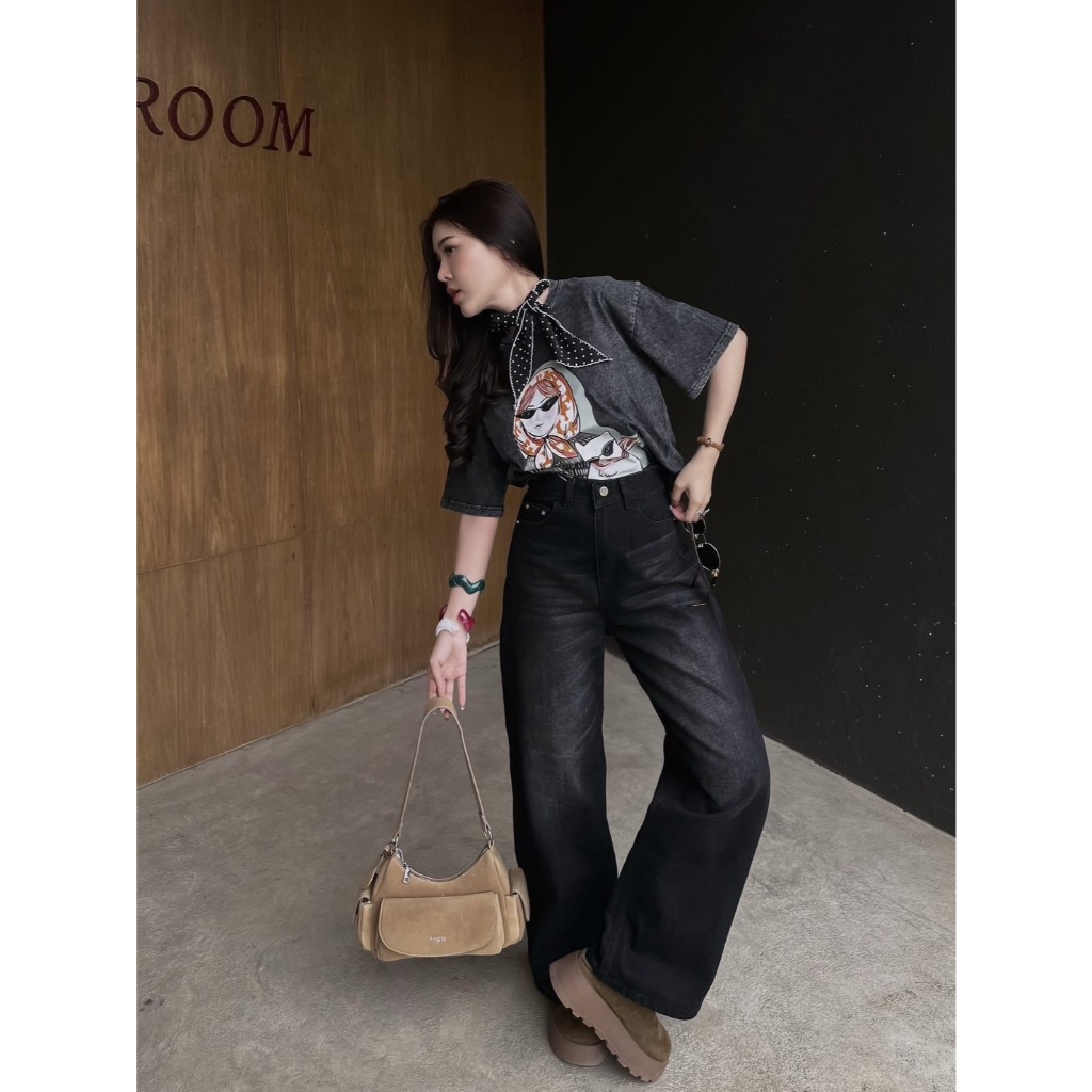 Baggy jeans สีดำฟอก กางเกงยีนส์กระบอกใหญ่เอวสูง ผ้ายีนส์ ไม่ยืด V39