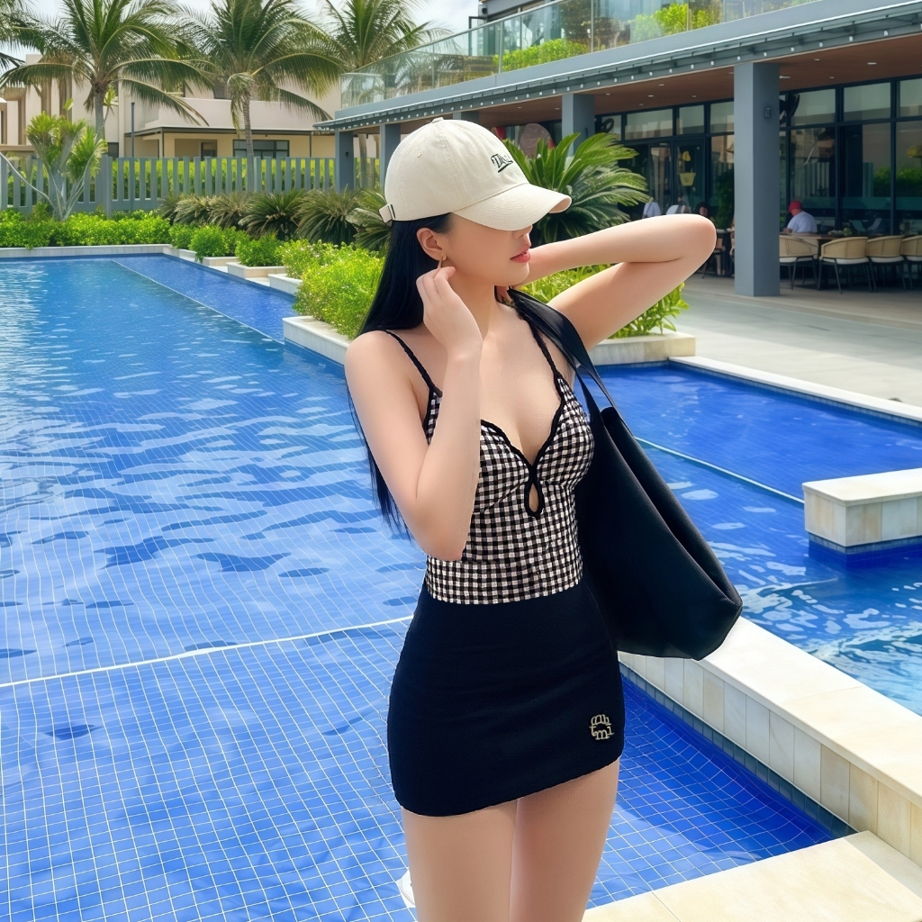 💗ส่งไวจากไทย💗ชุดว่ายน้ำวันพีซสไตล์เกาหลี ชุดว่ายน้ำกระโปรง แฟชั่นเกาหลี ลายสก็อตย้อนยุค พร้อมฟองน้ำ รูปที่ 7