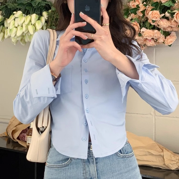 S-2XL เสื้อเชิ้ตแขนยาว เว้าเอว งานรัดรูป เสื้อแฟชั่นเกาหลี ผ้าคัตตอล