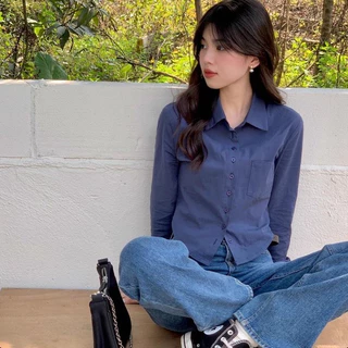 S-2XL เสื้อเชิ้ตแขนยาว เว้าเอว งานรัดรูป เสื้อแฟชั่นเกาหลี ผ้าคัตตอล