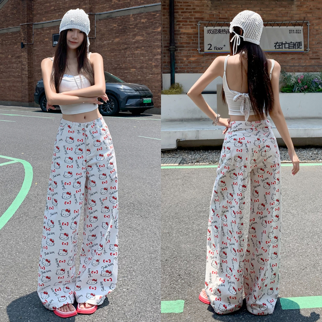 กางเกงยีนส์ขากว้างสีขาว กางเกงขายาวเอวสูงสำหรับผู้หญิง พิมพ์ลาย Hello Kitty ทรงตรงหลวมๆ ลำลองและใช้งานได้หลากหลาย
