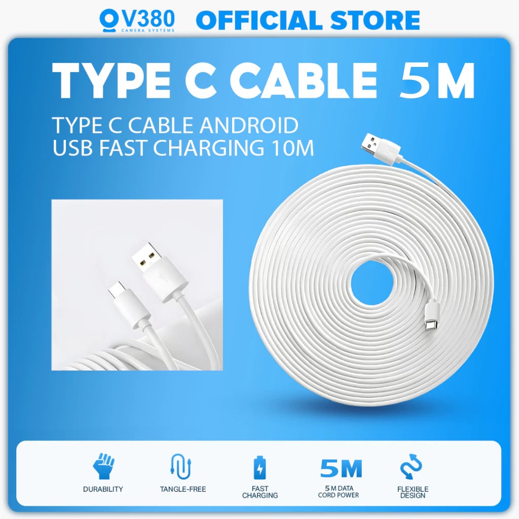 V380 USB Type C 3M 5M 8M สายชาร์จ Android สายชาร์จ USB Connector สําหรับกล้องวงจรปิด/โทรศัพท์มือถือ/คอมพิวเตอร์