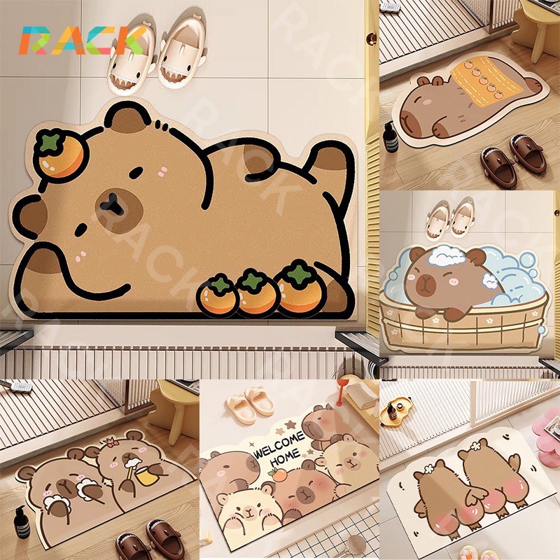 Rack พรมปูพื้นห้องน้ำลายการ์ตูน Kapibara โคลนไดอะตอม ดูดซับน้ำได้ดี แห้งเร็ว กันลื่น พรมปูพื้นห้องน้ำ