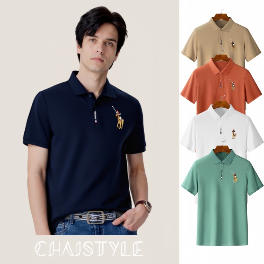 Chaistyle - เสื้อโปโลผู้ชาย ชุดธุรกิจ ลำลอง เสื้อสีพื้น ปกพับ เย็บปักถักร้อย