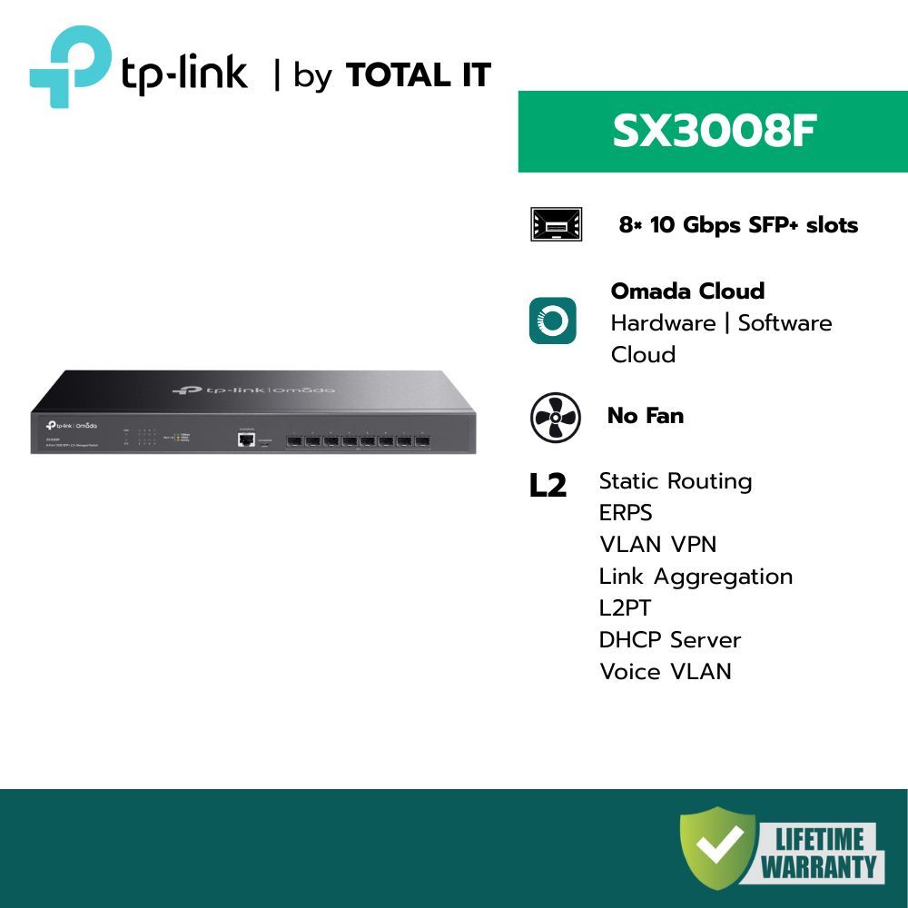 TP-Link Omada SX3008F | สวิตช์ไฟเบอร์ 10G 8 พอร์ต SFP+ ไร้พัดลม (Fanless) ทำงานเงียบ ประกันศูนย์