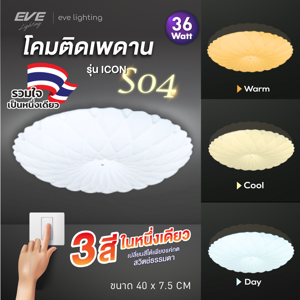 EVE โคมไฟติดเพดาน แอลอีดี เปลี่ยนสีได้ 3 สี รุ่น ICON-S04 ขนาด 36W (ไม่เอากล่องลดเพิ่ม 10%) 40x7.5cm.