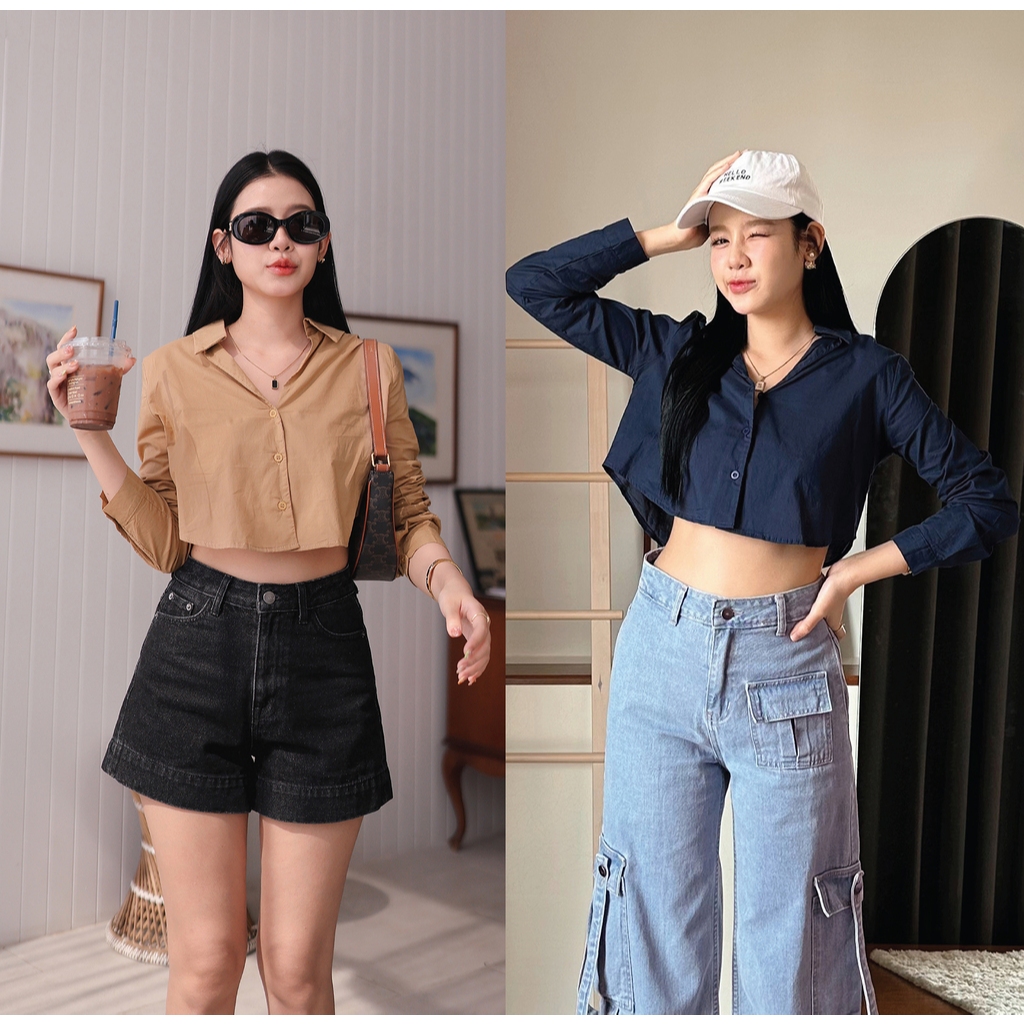 T0122928 Crop Shirt เสื้อเชิ้ตคอปกทรงครอป - มี 2 สี : สีน้ำตาล , สีกรมท่า - NUMBERSEVEN
