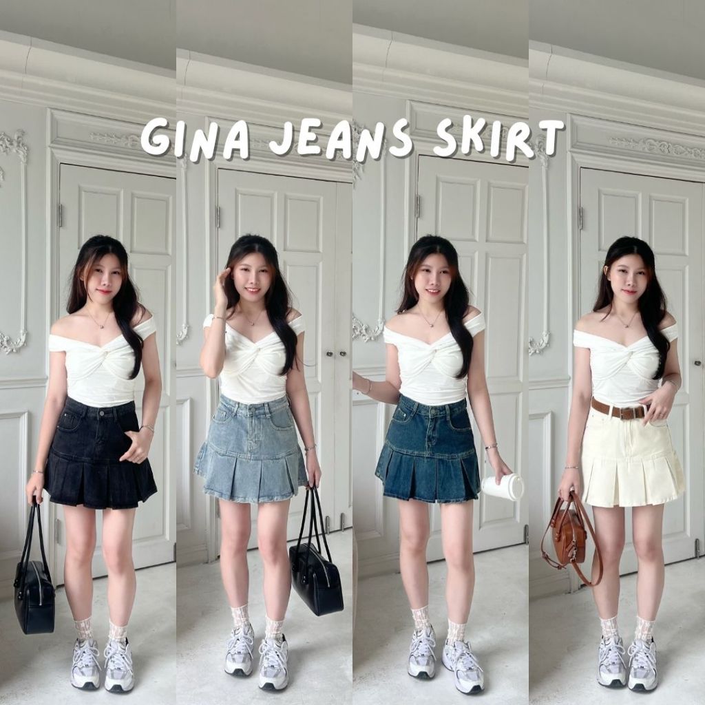 Beberlin กระโปรงยีนส์สั้นทรงพลีส เอวสูง มีซับใน / No : 1001
