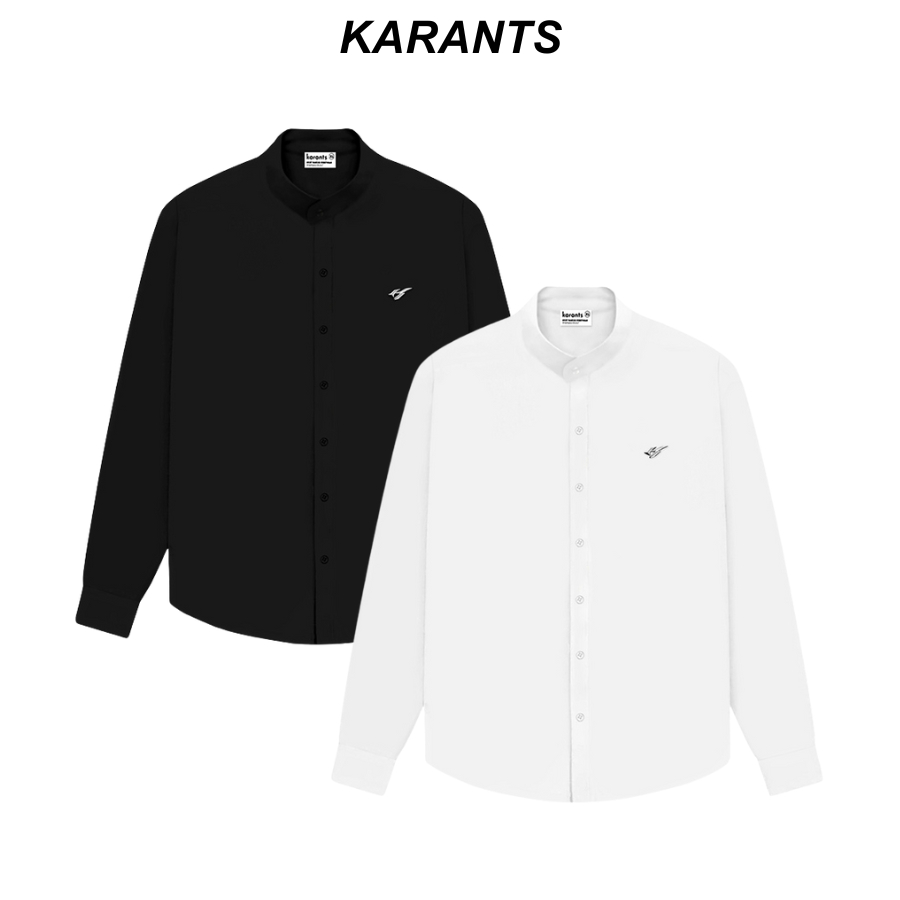 Karants เสื้อเชิ้ตสีพื้น คอจีน โลโก้โลหะ แขนยาว ทรงโอเวอร์ไซส์ ผ้า Cotton เย็น เกรดพรีเมียม สำหรับผู