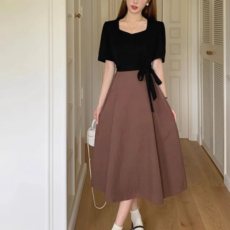 ชุดเกาหลี ชุดวินเทจ เสื้อผ้าแฟชั่นผู้หญิง ชุดเดรสสีดํา เดรสไซส์ใหญ่ thumbnail 7
