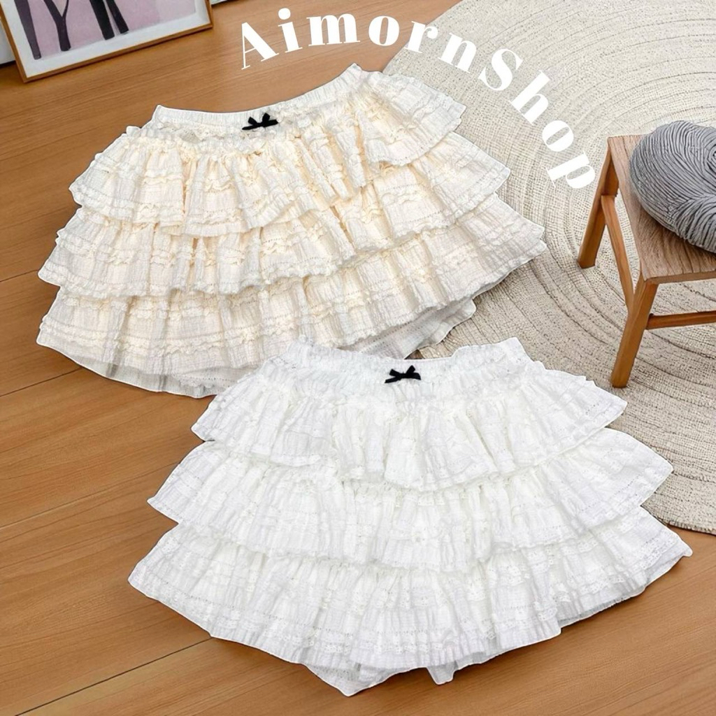 🔥aimorn_shop🔥กระโปรงกางเกง แต่งชั้น ผ้าลูกไม้มีซับในด้วยนะ ติดโบว์จิ๋ว โซคิ้วท์มาก