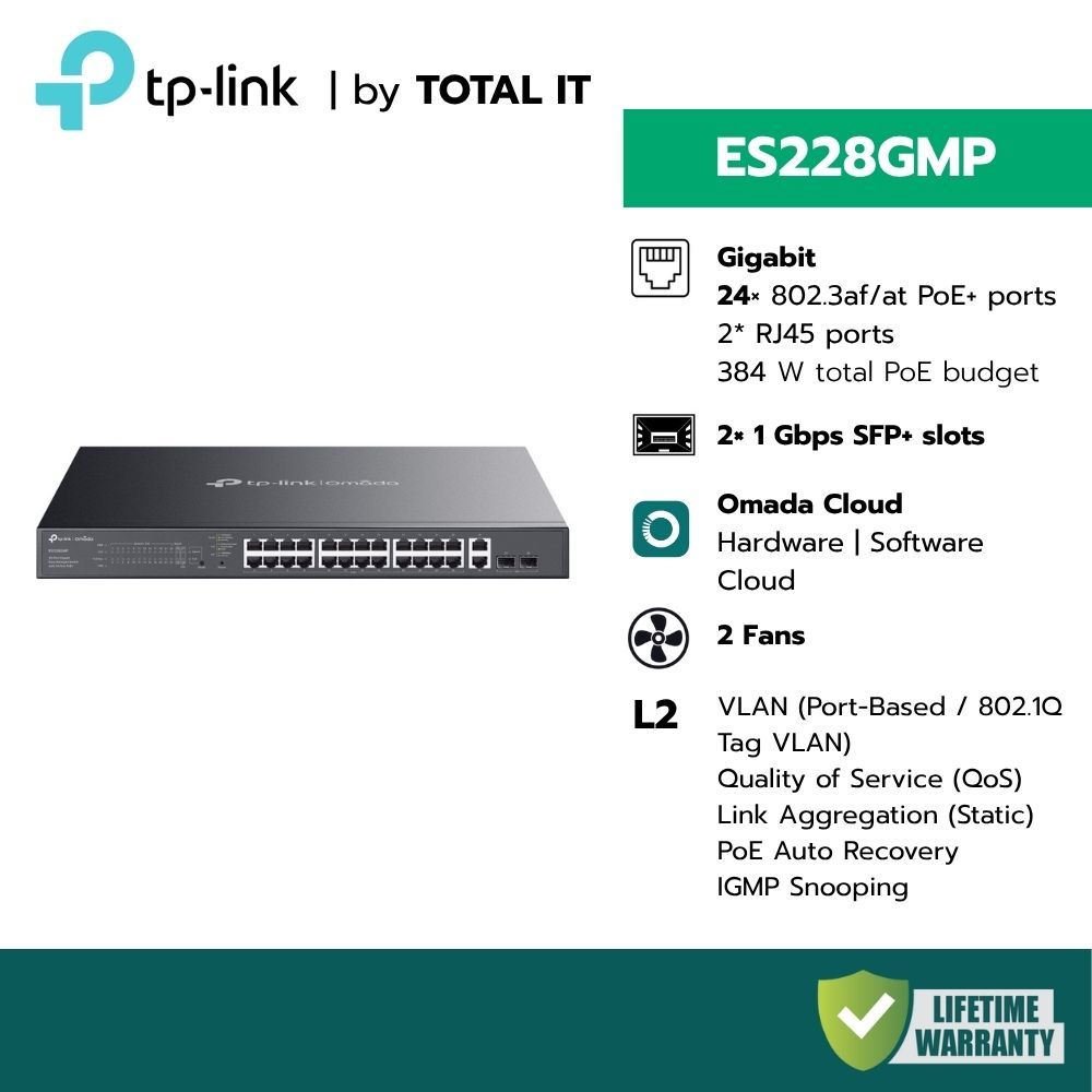 (พร้อมส่ง) TP-LINK Omada ES228GMP สวิตช์ 24 พอร์ต PoE+ 384W สำหรับระบบ CCTV ประกันศูนย์