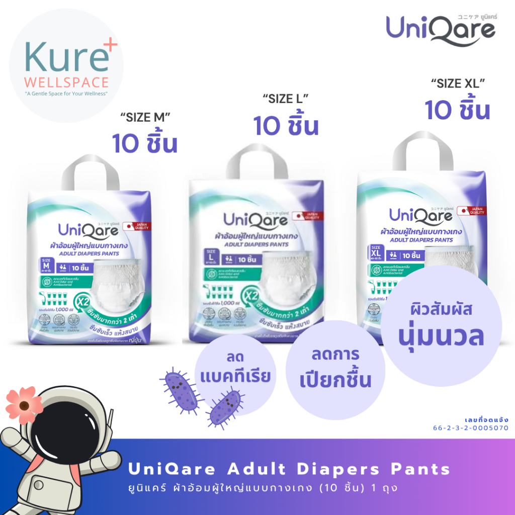 Uniqare ผ้าอ้อมผู้ใหญ่แบบกางเกง นุ่มสบาย ซึมซับมากถึง 1000 ซีซี [ไซส์ S,M,L,XL,XXL - 10 ชิ้น/ถุง] จำ