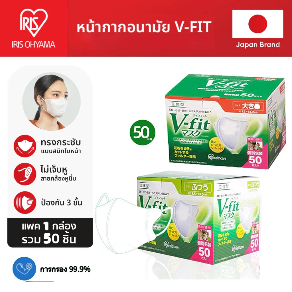 IRIS OHYAMA หน้ากาก V-Fit 3D รุ่นใหม่แบบหนา 50ชิ้น ขนาด M/L แพ็คแยกชิ้น ผ้า 3 ชั้น กรองฝุ่น PM2.5 สำหรับผิวแพ้ง่ายและใส