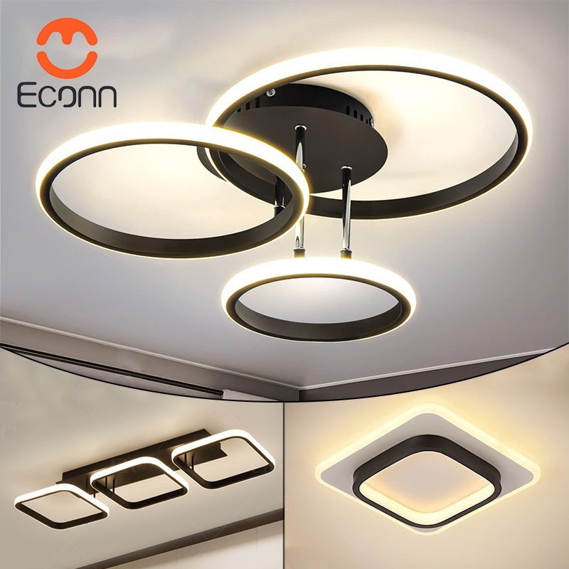 ECONN โคมไฟเพดาน LED 3 วง ปรับแสง 3 สี สไตล์โมเดิร์น การป้องกันดวงตาและป้องกันฝุ่น สำหรับห้องนั่งเล่น ห้องอาหาร ห้องนอน