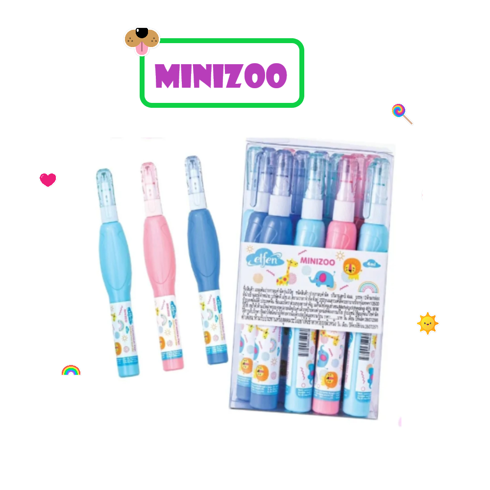 (ยกโหล)..น้ำยาลบคำผิด,ปากกาลบคำผิด,ลิควิด ยี่ห้อ เอลเฟ่น 4 มล. รุ่น มินิซู MINIZOO  (1โหล=12ชิ้น)