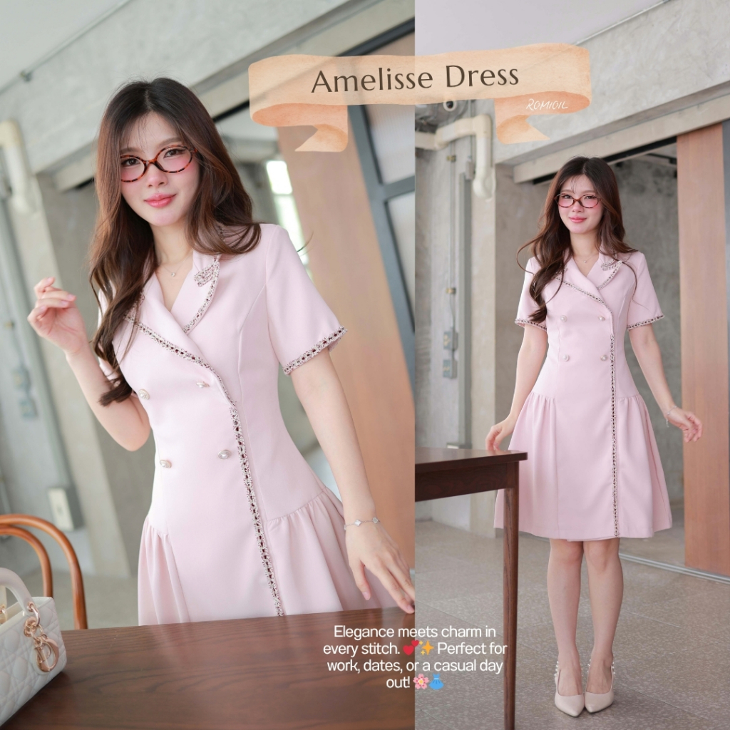 "Romi"Oil"Amelisse Dress (Pink) K271 ชุดเดรสสีชมพู (คอปกสูทแต่งกระดุมมุก)