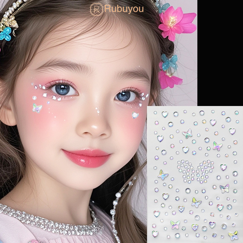 Rubuyou สติกเกอร์เพชร DIY รูปผีเสื้อดอกไม้3D คริสตัลออโรร่าสีสันสดใส ตกแต่งใบหน้า ผู้หญิง เหมาะสำหรั
