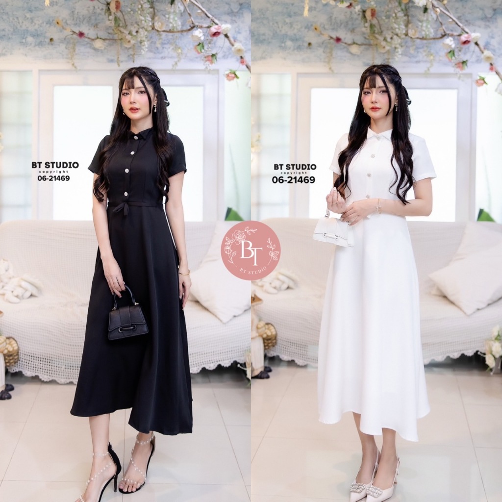 BT 06-21469 เดรสยาวแขนสั้น คอปกติดโบว์แต่งเพชรเรียงแต่งสายคาดเอวติดโบว์ ซับใน ซิปหลัง ใส่ทำออกงาน ทำงาน