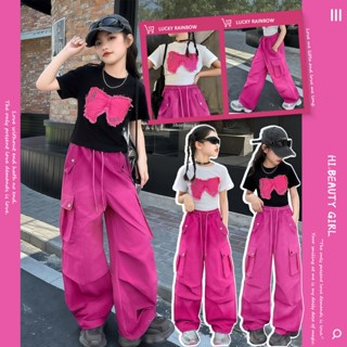 เสื้อแขนสั้นกางเกงคาร์โก้ สไตล์เกาหลี สตรีท ฮิปฮอป ขายาวกว้า…