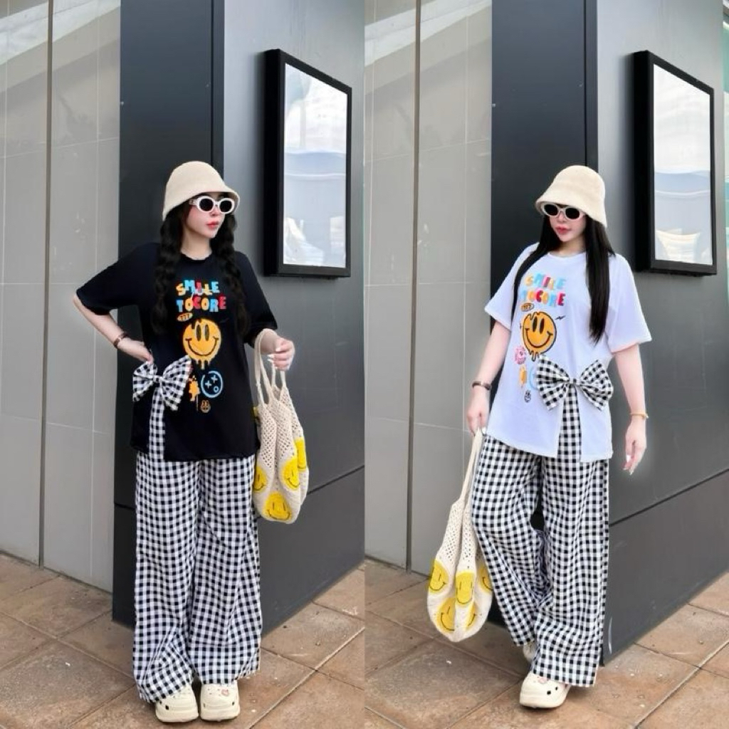 ชุด2 ชิ้นผ่าข้าง แต่งโบว์ ลายยิ้ม กางเกงสก๊อต งานโอเวอร์ไซร์ s m l xl ใส่ได้จ้า