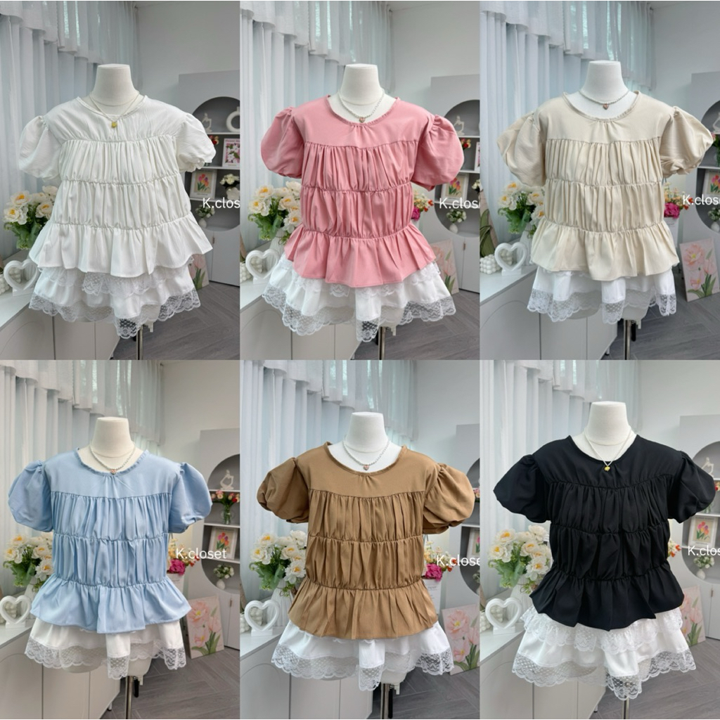 (อก32-38 )เสื้อขนมชั้นคอกลมแขนบอลลูน  ทรงสวยน่ารัก