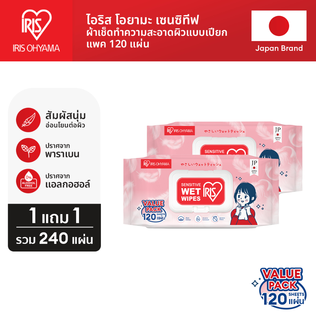 Big Value ซื้อ 1 แถม 1 - IRIS OHYAMA Baby wipes ผ้าเช็ดทำความสะอาดผิว ทิชชู่เปียก สูตรไม่มีแอลกอฮอล์