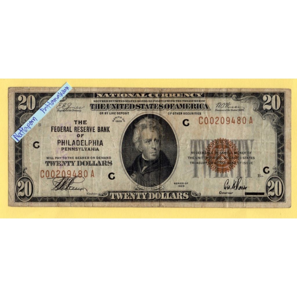 20 Dollars Federal Reserve Bank Note  Brown Seal 1929 Philadelphia