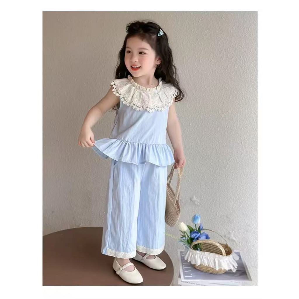 nana*8808-6*ชุดเช็ตสีฟ้าสำหรับเด็กผู้หญิง เสื้อพร้อมกางเกงขาบอ ไสต์เกาหลี - รูปที่ 3