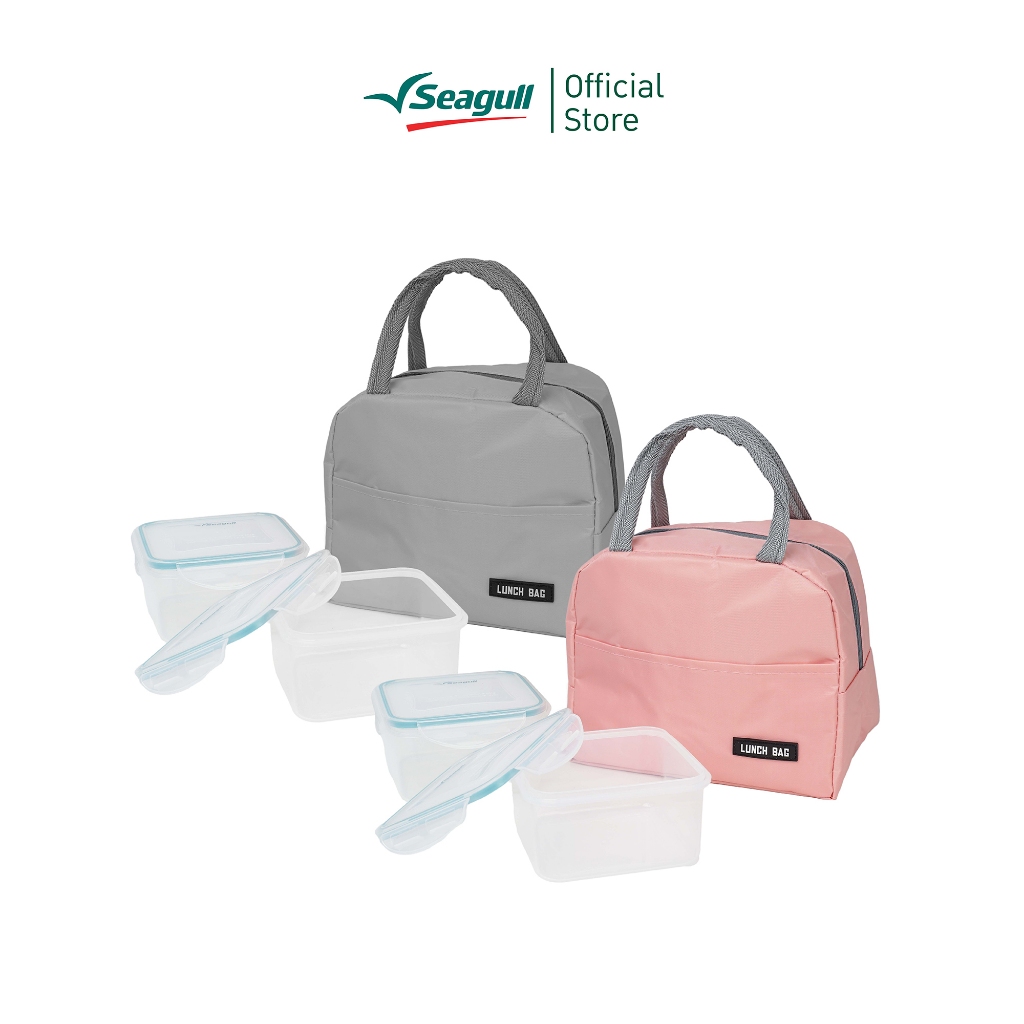 Seagull ชุดกล่องอาหารพลาสติก ขนาด 700 มล. 2 ใบ พร้อมกระเป๋า มี 2 สีให้เลือก (เทาเเละชมพู)
