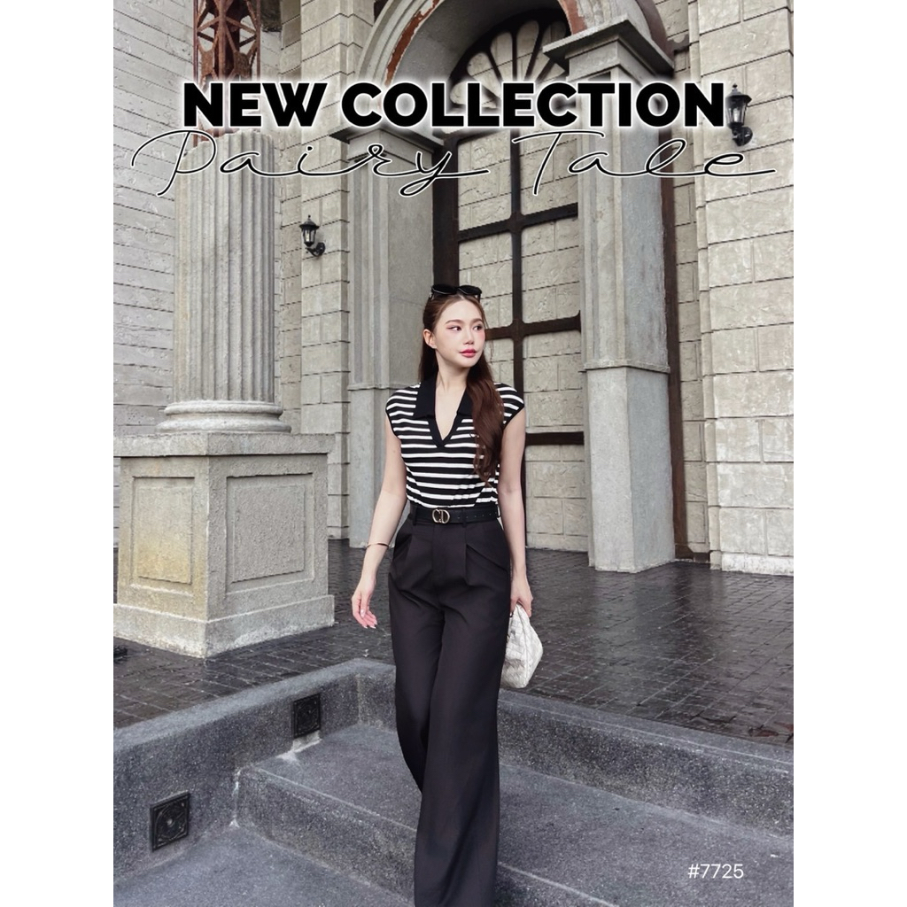 Set 3 ชิ้น เสื้อคอปกลายนิ้วขวางปัก CD + กางเกงขายาวสีดำผ้าพริ้วพร้อมเข็มขัด