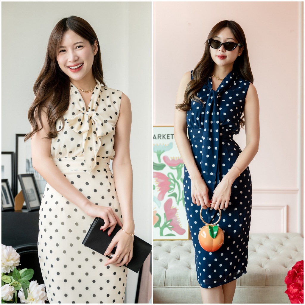 PD352 Polkadot Bow Dress เดรสผ้าชีฟองลายจุด คอวีผูกโบว์ กระโปรงเข้ารูปทรงสอบ