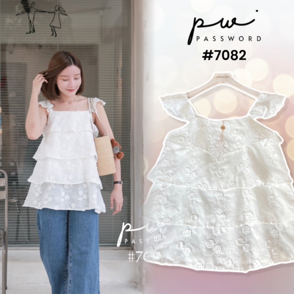 PW | PASSWORD🔖 7082 เสื้อแขนระบาย ผ้าคอตตอนปักลายดอก