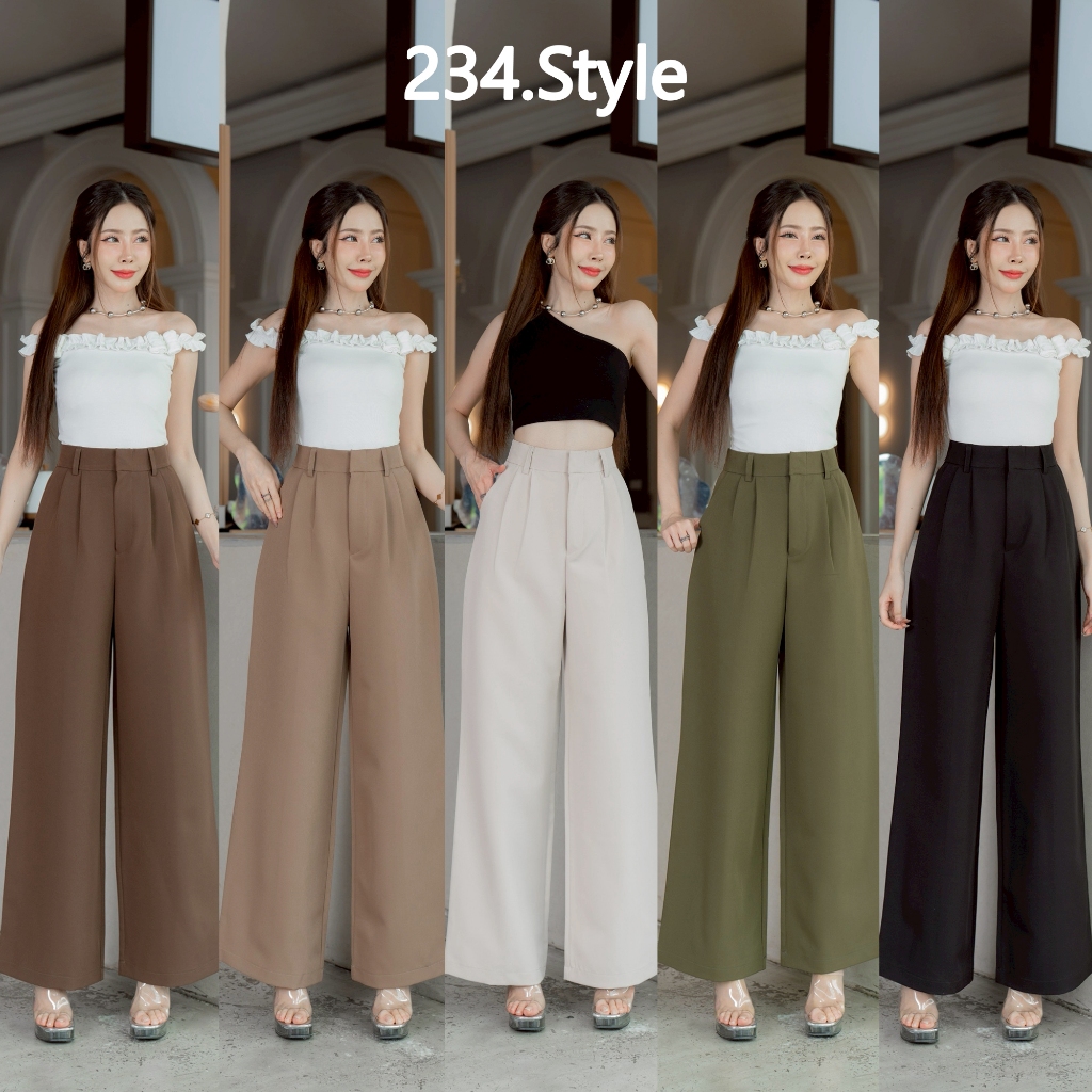 PL01 กางเกงกระบอกใหญ่จีบหน้า เอวสูง ผ้าพอลลี่ ผ้าหนายับยาก ใส่ทำงาน แมตซ์ได้ทุกลุค
