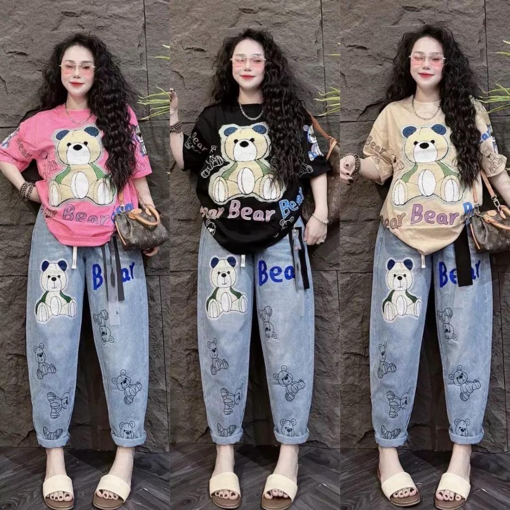Mayura_Stores No.Set5470 ชุดเซ็ท2ชิ้น เสื้อแขนสั้น+กางเกงขายาว*ผ้ายีนส์เทียม* สกรีนลายหมีBear ชุดเซ็ท เสื้อผ้าแฟชั่น