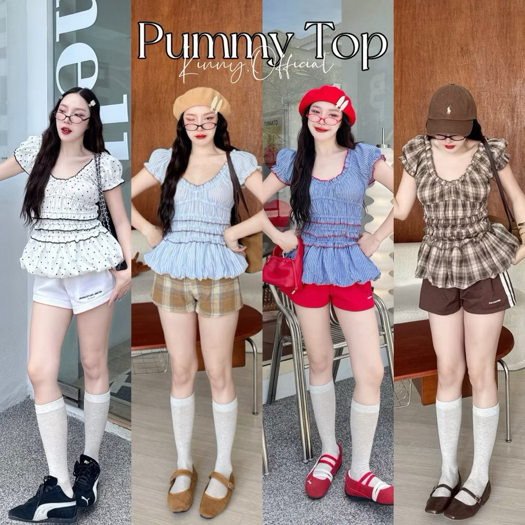 Pummy Top เสื้อแขนตุ๊กตาผู้หญิง ลายริ้วทรงบอลลูน สีน้ำตาล