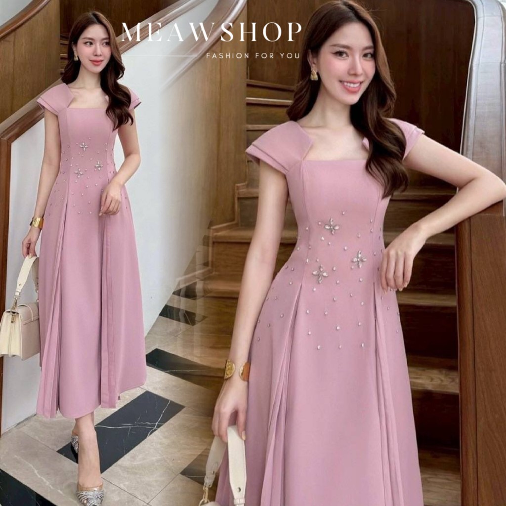 S-3XL Maxidress เดรสยาวคอเหลี่ยม น่ารัก ชุดสาวอวบ อ้วน ชุดเพื่อนเจ้าสาว ไปทะเล ออกงาน ไปงาน แฟนนาค ช