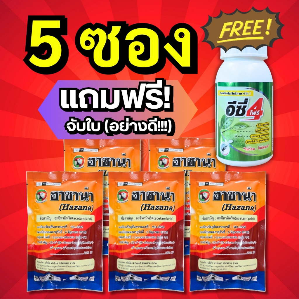 ฮาซาน่า (5 ซอง แถมฟรี! จับใบอย่างดี) น็อค+ดูดซึม แมลงหวี่ขาว เพลี้ยไฟ เพลี้ยกระโดด บั่ว หนอนชอนใบ ด้วงหมัดผัก