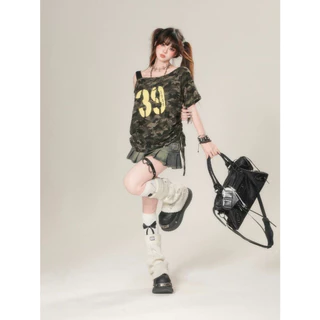 เสื้อยืดผู้หญิง เสื้อยืดลายทหาร รูดเชือกด้านข้าง ปาดไหล่ มีสายเดี่ยว ทรงหลวม #020343