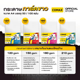 Comax กระดาษการ์ดขาว 120/150/180/210 แกรม ขนาด A4 บรรจุ 50 / 100 แผ่น