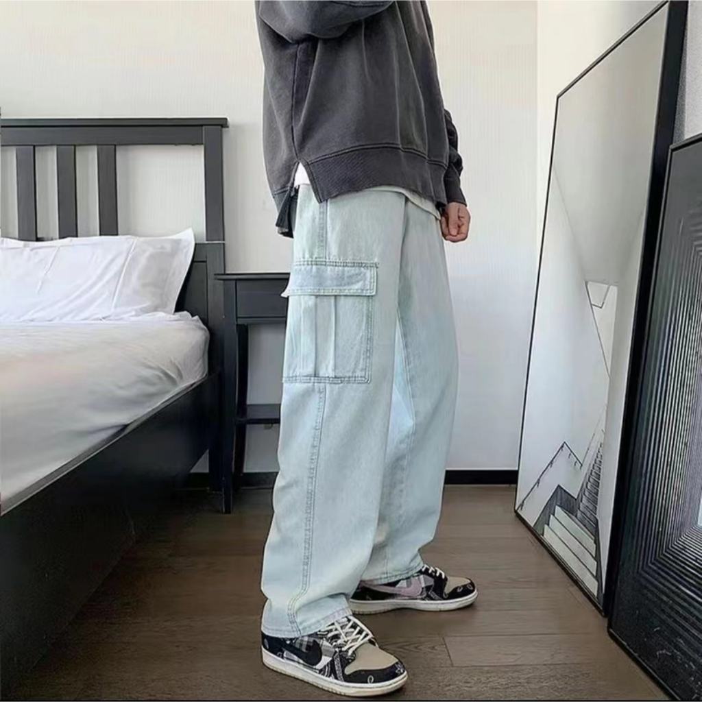 เกงยีนส์คาร์โก้ ทรงกระบอกกลาง มี5สี สีฟ้าอ่อน สียีนส์เข้ม สีด Man ผู้ชาย Jeans