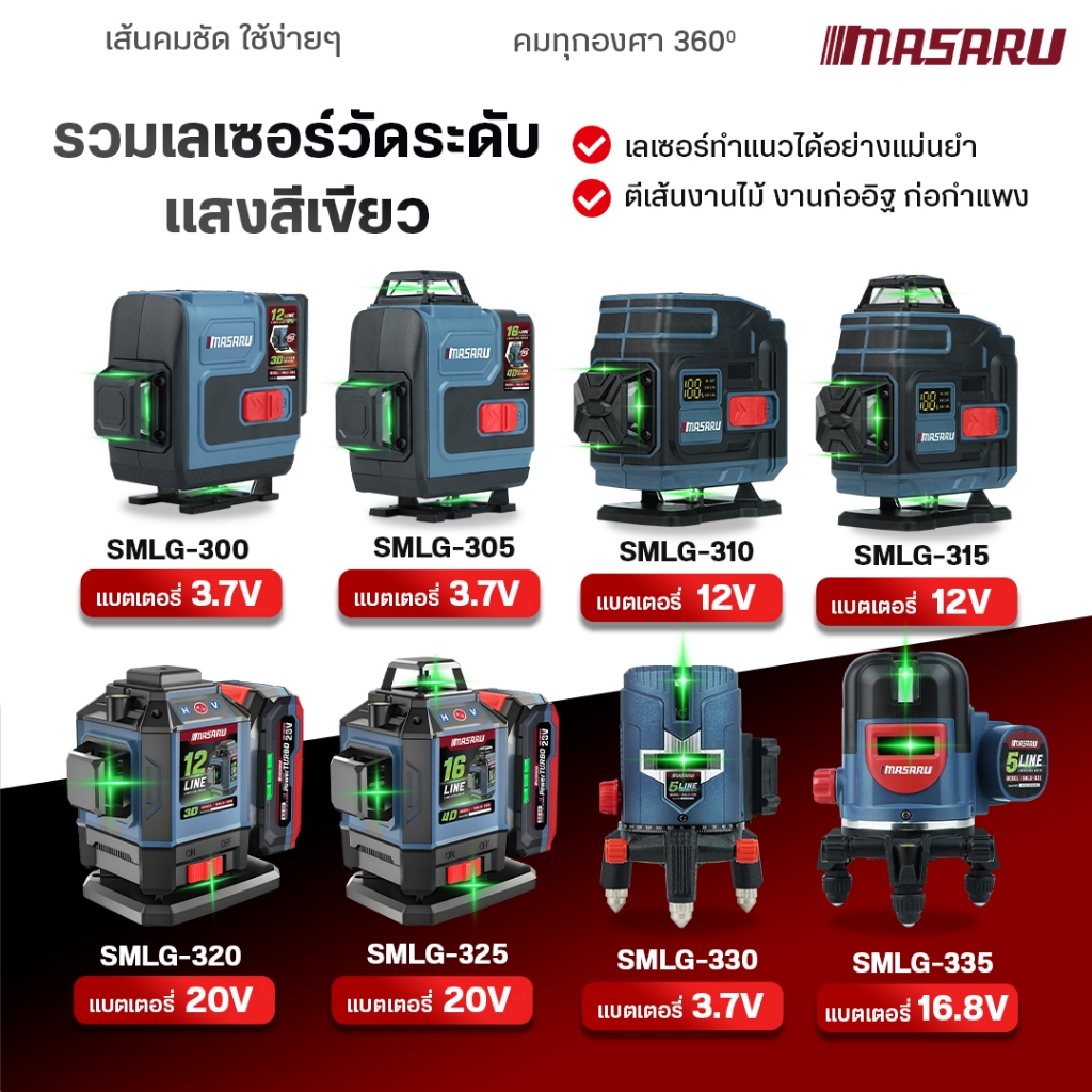 MASARU เครื่องวัดระดับเส้นสีเขียว รวมรุ่นเลเซอร์ แบบ5/12/16เส้น เครื่องวัดระดับเลเซอร์ LASER LEVEL